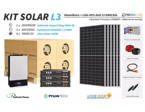 Kit Solar litio L3 15 kWh/día Pylontech 7,2 kWh 90% DOD Envío Exprés