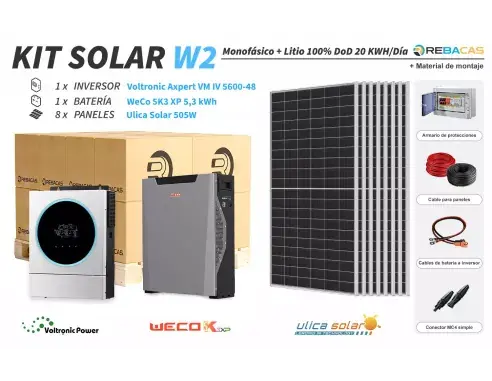 Kit Solar litio W2 20 kWh/día WeCo 5,3 kWh 100% DOD Última Versión