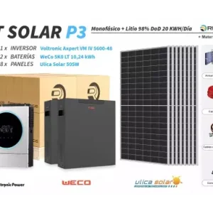 Kit Solar litio P3 20 kWh/día WeCo 10,24 kWh 98% DOD Más Vendido