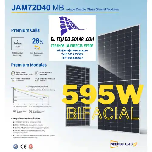 Rebajas PANEL SOLAR JA SOLAR 595W BIFACIAL144 CELULAS N TYPE 4.0