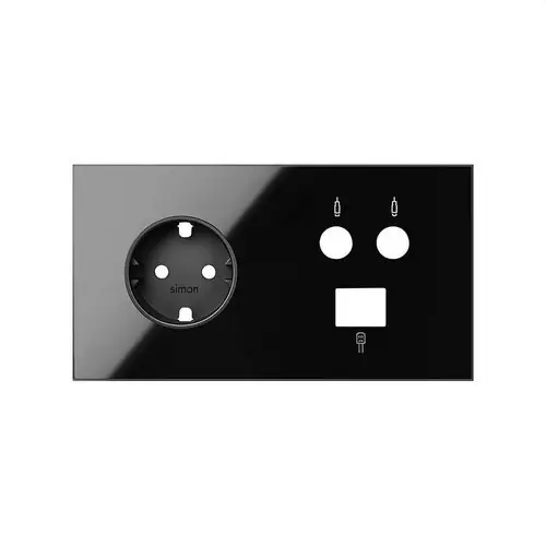 Última Oportunidad Kit front para 2 elementos con 1 base de enchufe schuko, 1 toma R-TV+SAT única con 1 conector RJ45 6 UTP negro brillante Simon 100
