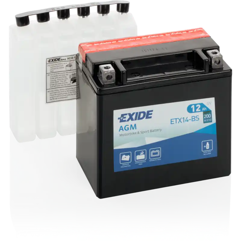 Batería Exide ETX14-BS Moto 12V Agm. Tecnología AGM. 12V - 12Ah/200A (EN) (150x90x145mm) - Suscribirse al boletín Garantía De Devolución De Dinero